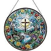 Cross Stained Glass Window Hanging, Wildflower Suncatcher Diamond Glass Panel Hangings, Sun Catchers Indoor Windows Wall Art Decor, Pastor Christian Gift, Christmas Decor for Home Office 7.87 inches