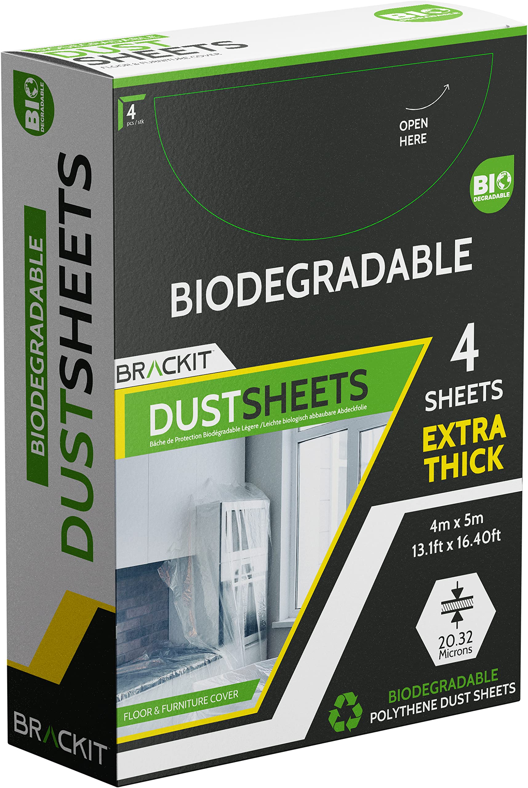 Brackit 4-Pack Strong Biodegradable Extra-Large Plastic Dust Sheets for Decorating -4x5m (13x16ft) - 20 Micron - Embossed White Plastic Sheets - Waterproof Plastic Sheets for Painting & Covering
