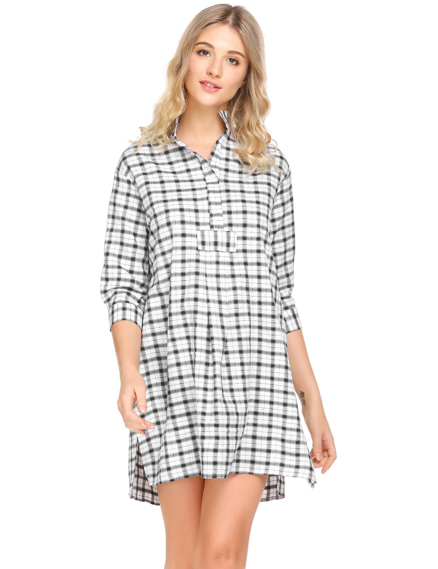 Ekouaer Womens Classic Plaid Nightgown Soft Boyfriend Nightshirt Button Down Sleepshirt