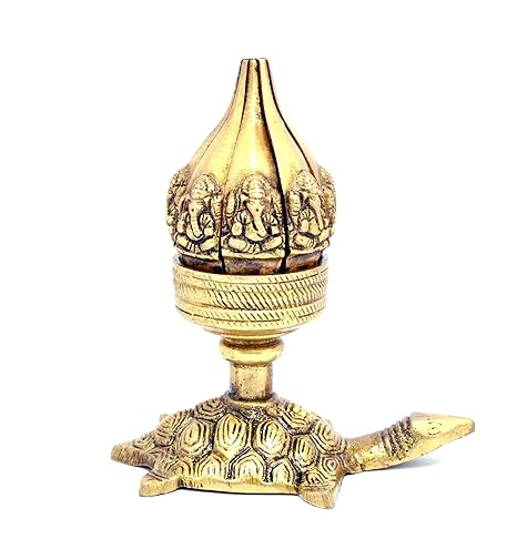 Two Moustaches Lotus Engraved Ganesha Over Tortoise Candle Brass Oil Lamp Diya | Home Decor |