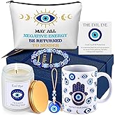 Skylety 8 Pcs Evil Eye Gift for Women Evil Eye Mug Protection Candle Bracelet Charm Makeup Bag Good Luck Card Spiritual Gift for Christmas Brithday