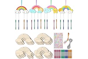 TREACLUB 12 Pack DIY Wind Chime Kits for Kids, Make Your Own Rainow Wind Chime DIY Coloring Star Moon Sun Make A Wind Chime Kits Wooden Arts and Crafts Birthday Gifts for Girls Boys