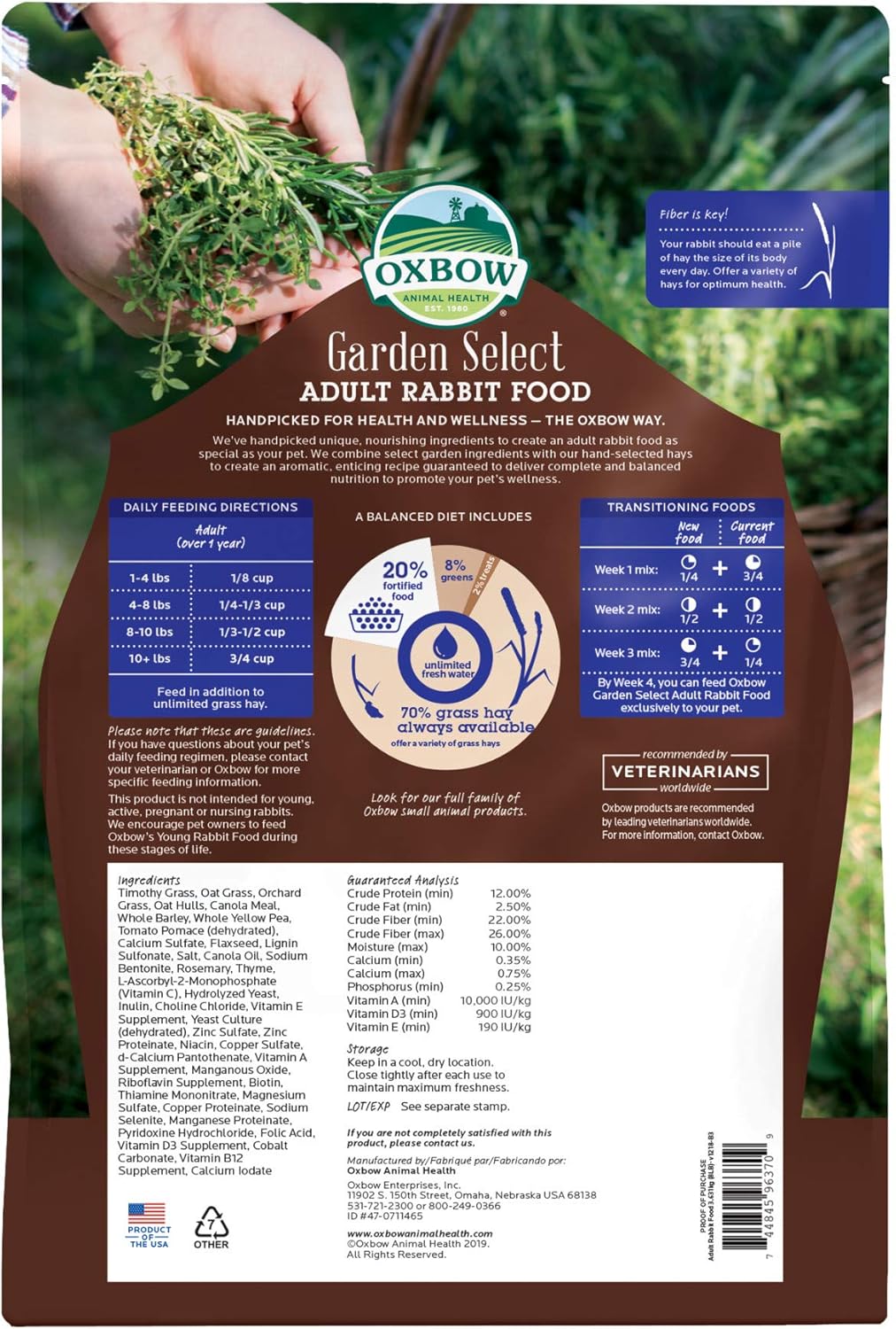 Oxbow Animal Health Garden Select Adult Rabbit Food, Garden-Inspired Recipe for Adult Rabbits, No Soy or Wheat, Non-GMO, Made in The USA, 8 Pound Bag : Pet Supplies