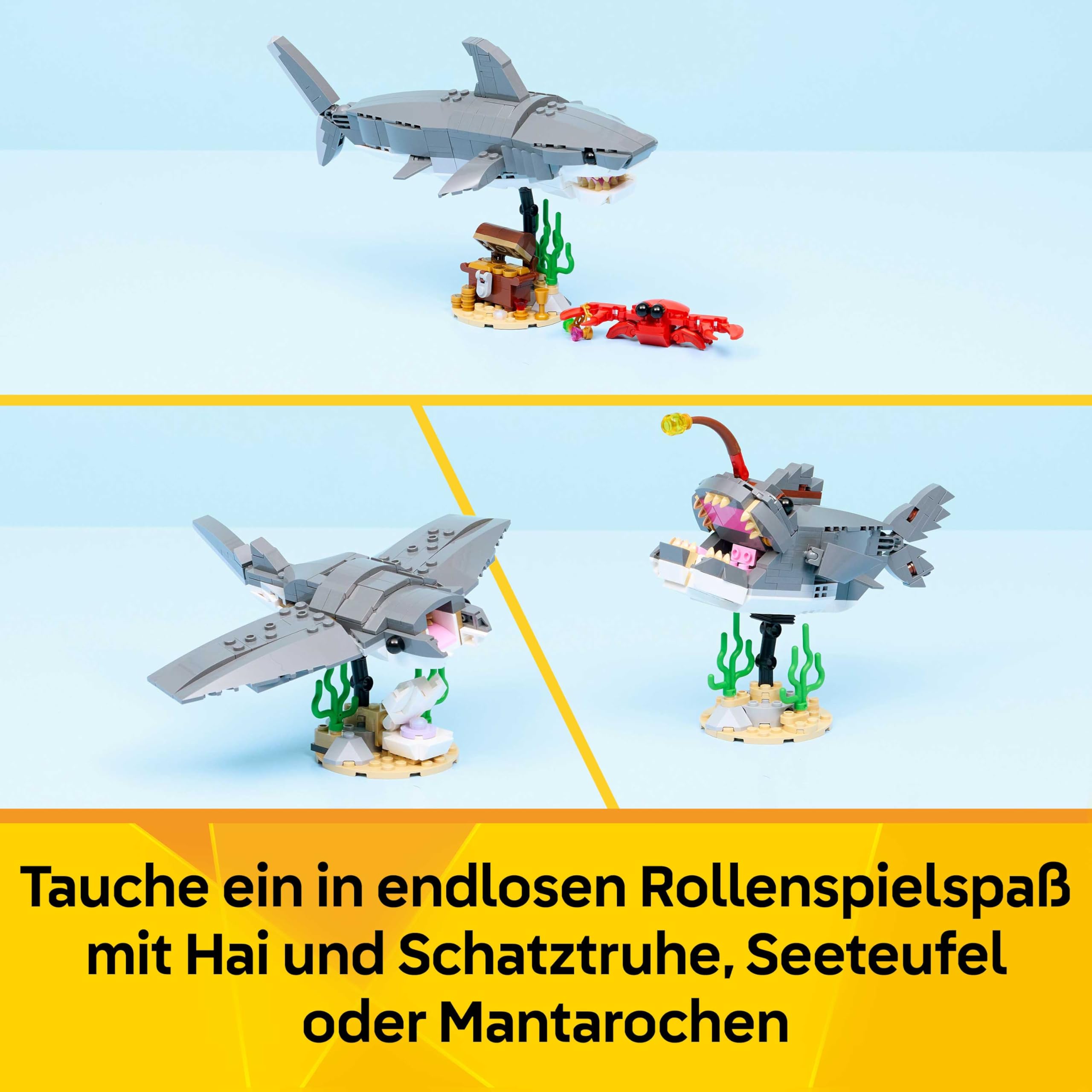 LEGO Creator 3-in-1-Set Wilder Hai mit Schatztruhe - Kreatives Spielzeug & Konstruktionsspielzeug - Meerestiere Bauset mit Hai Figur - Geschenk für Kinder ab 8 Jahren mit 3 Bauoptionen - 31381 3
