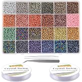 EuTengHao 8/0 Glass Seed Beads Kit, 3mm Metal Color Waist Beads, 24Colors Small Pony Beads with String for Bracelet Necklace Earring Jewelry Making (14405PCS, 600 Per Color)