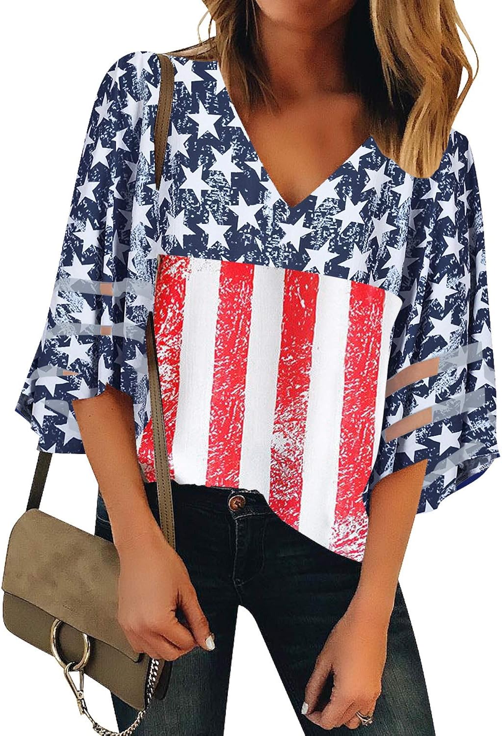 LookbookStore Women's V Neck Mesh Panel Blouse 3/4 Bell Sleeve Loose Top Shirt