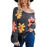 Women's Flower Sweaters Floral V Neck Casual Loose Long Sleeve Knit Colorful Pullover Jumper Tops