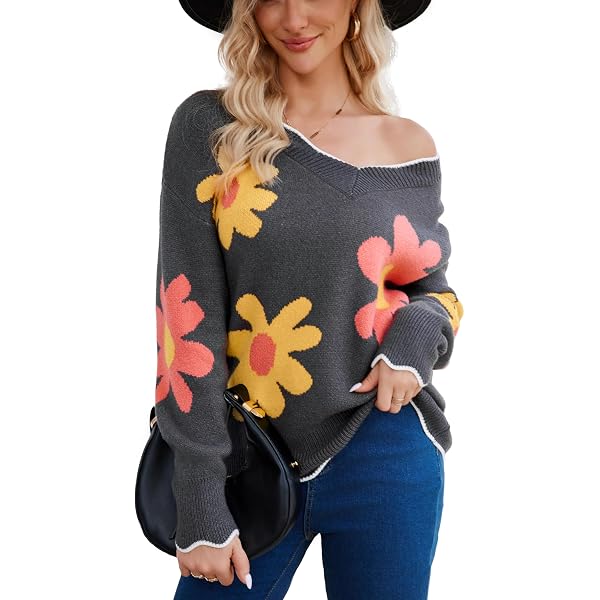 Women Floral Sweater Long Sleeve Round Neck Casual Lounge Colorful