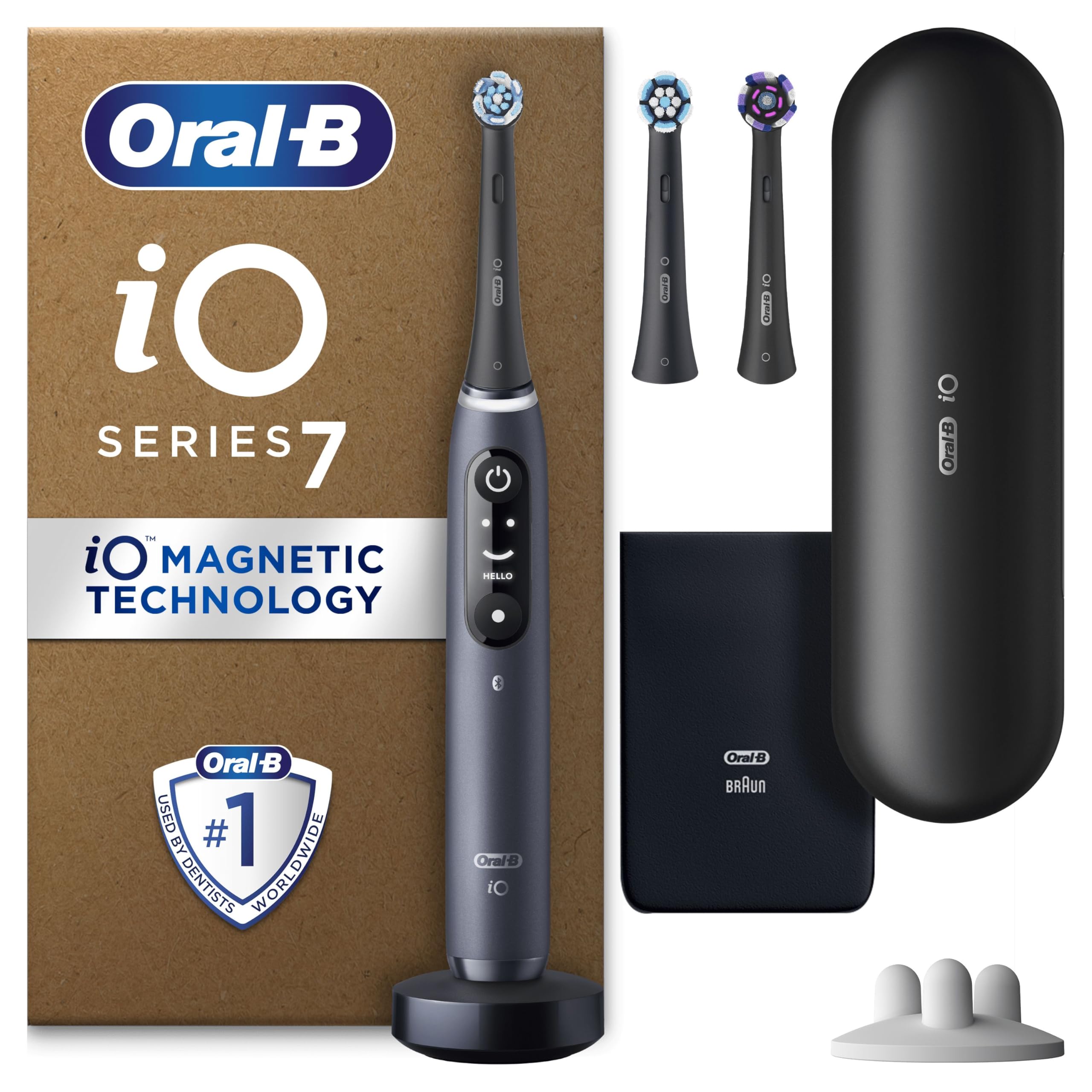 Oral-B iO7 Electric Toothbrushes For Adults, App Connected Handle, 3 Toothbrush Heads, Travel Case & Toothbrush Head Holder, 5 Modes with Teeth Whitening, Black