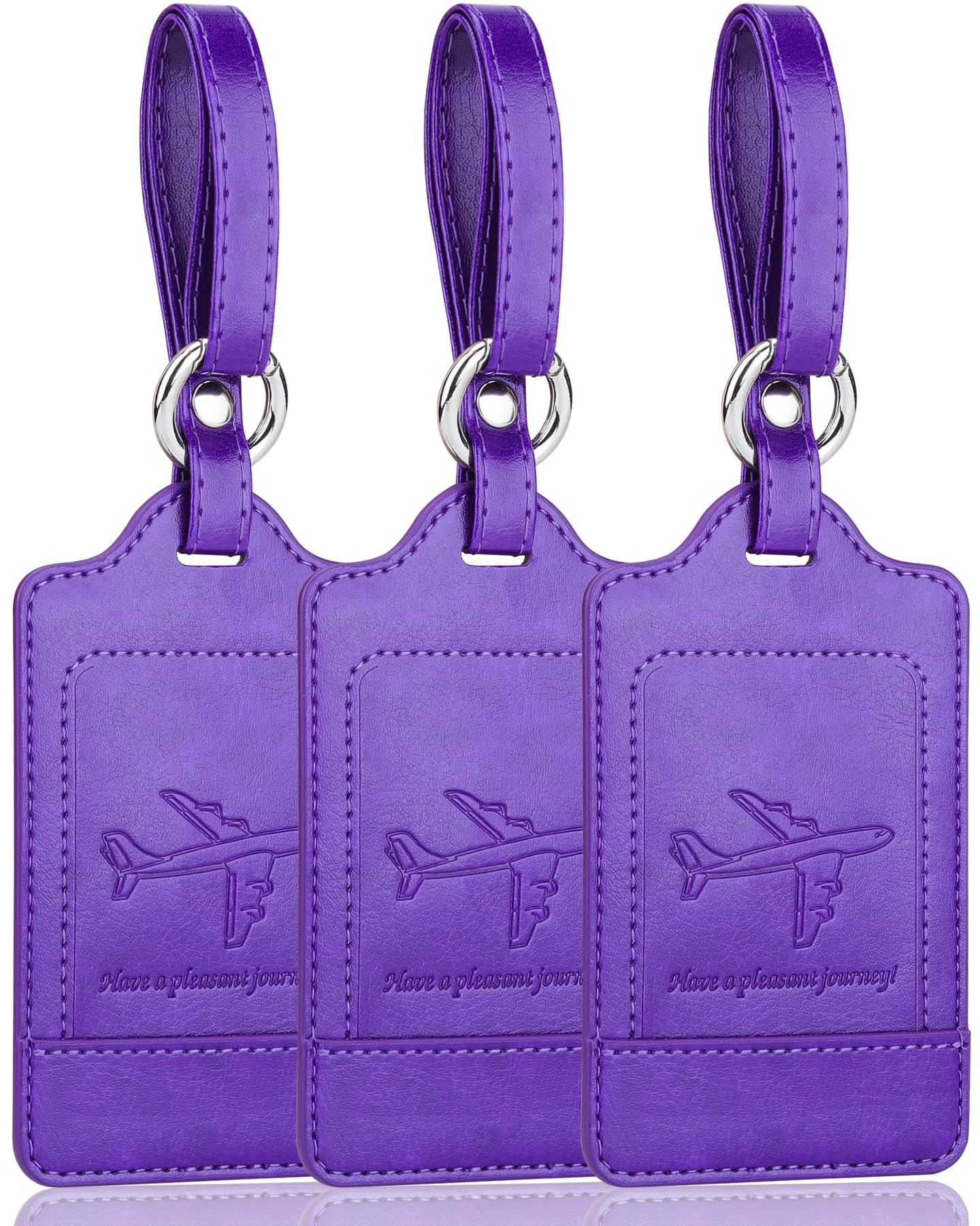 Teskyer Pack of 3 Luggage Tags, PU Leather Luggage Tags for Suitcases, Luggage Labels with Name ID Card, Noticeable, Durable, Travel Accessories, Purple