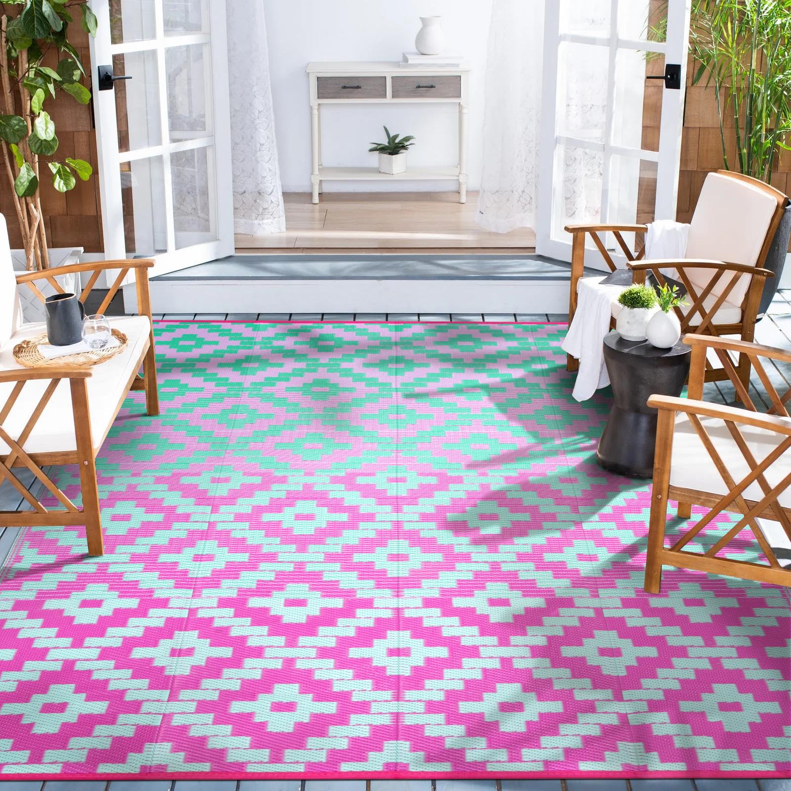 Photo 1 of Wonnitar 8x10 Outdoor Rug, Large Waterproof Reversible Outdoor Patio Area Rug, Indoor/Outdoor Plastic Straw Portable Camping Rug for Outside RV Balcony Garden Deck, Green/Pink