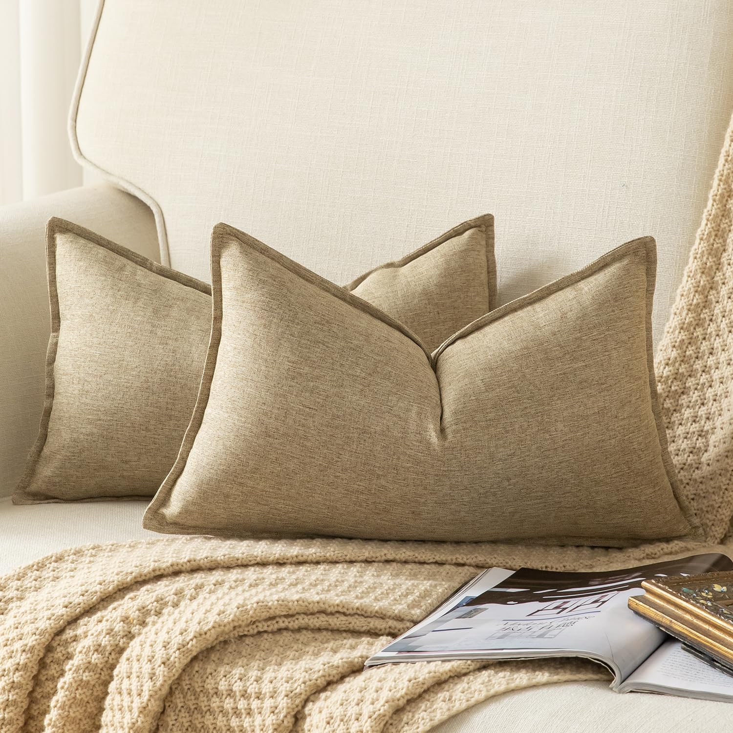 YAERTUN Pack of 2 Decorative Linen Soild Cushion Covers Farmhouse Neutral Throw Pillow Cases for Chair Couch Sofa Bedroom Living Room Home Decor 12 x 20 Inch 30x50 cm Khaki