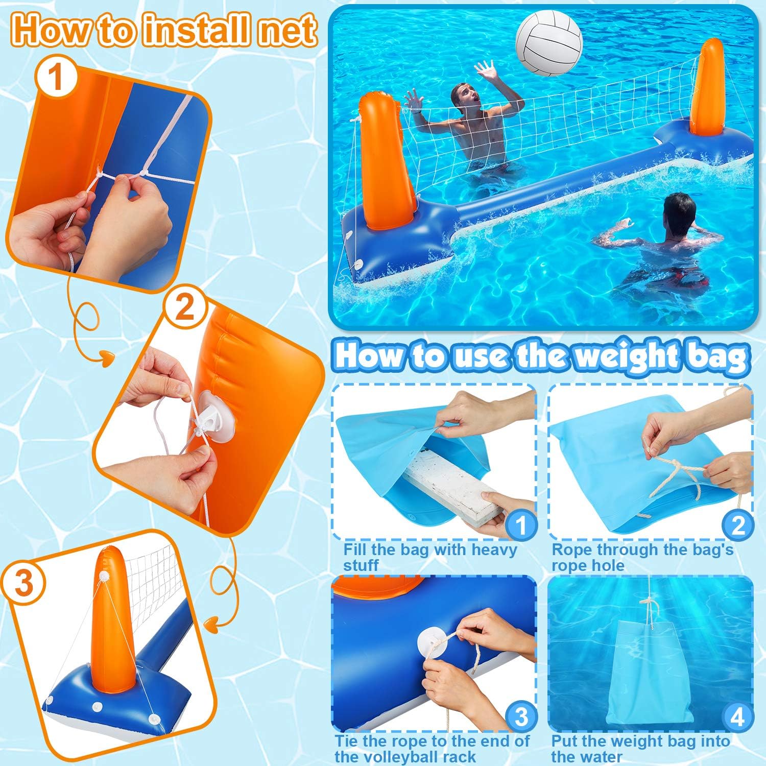 Pool Volleyball Set, 115” Inflatable Pool Float Set Include Basketball Hoop Set & Balls Floating Swimming Pool Toy Pool Volleyball Game for Kids and Adults (115” x 38” x 28”): Sports & Outdoors