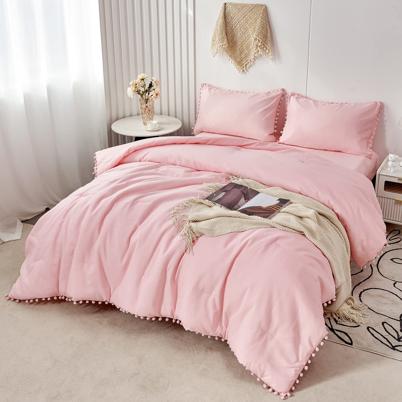 Photo 1 of PERFEMET 5 Pcs Pink Pom Pom Comforter Twin Size Aesthetic Boho Pom Fringe Bedding Set with Sheet Ultra Soft Lightweight Farmhouse Bedding Quilt Set for Girls Kids(Pink, Twin)