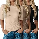 Riyiper 3 Pack Women's Half Sleeve Tops Crewneck 1/2 Sleeve T Shirts Elbow Length Tops Slim Fit Cotton Blend Basic Tees