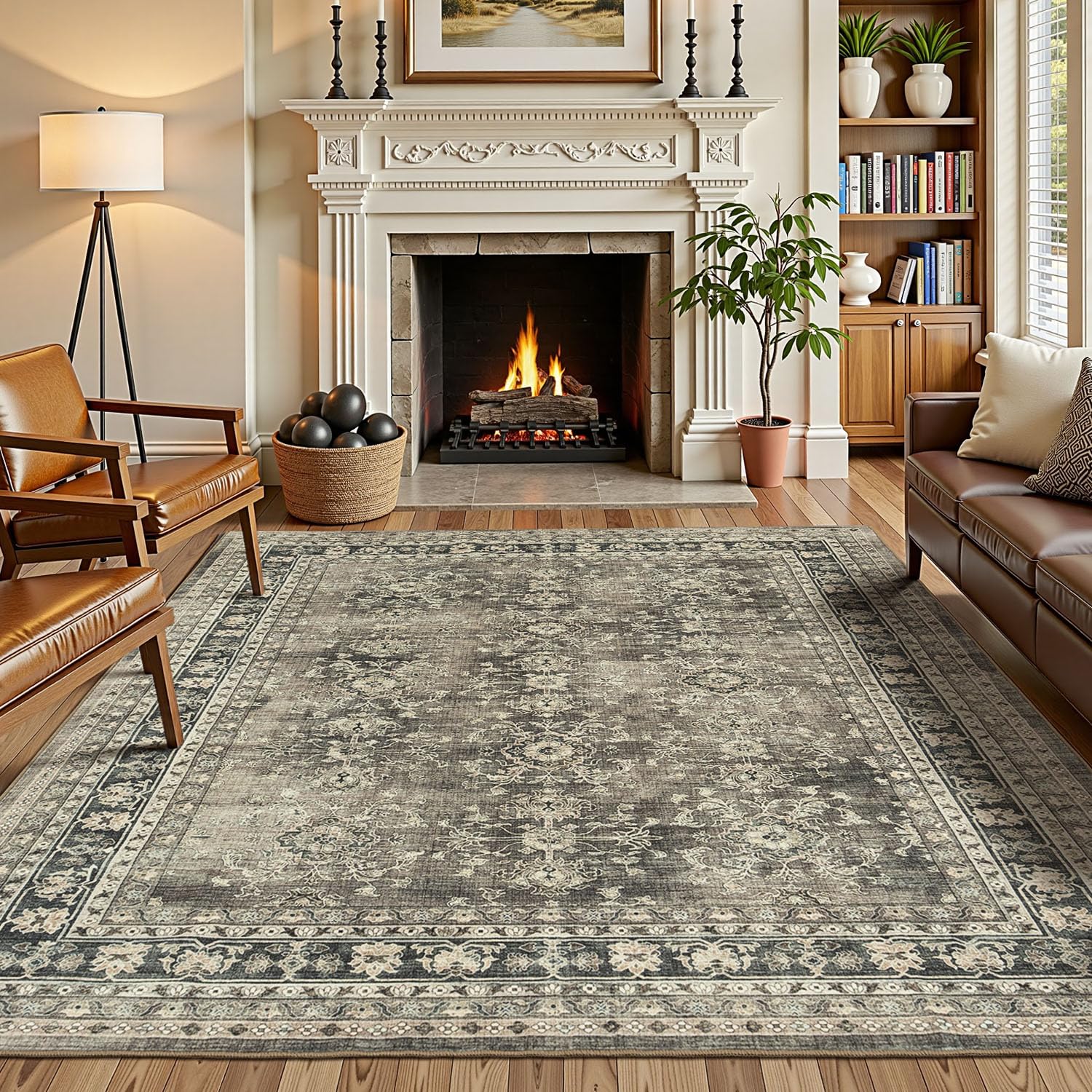 Photo 1 of Lessymo 5x7 Area Rugs for Living Room, Machine Washable Non Slip Rug, Soft Carpet for Bedroom Dining Home Office, Vintage Brown Distressed Floral Floor Mat