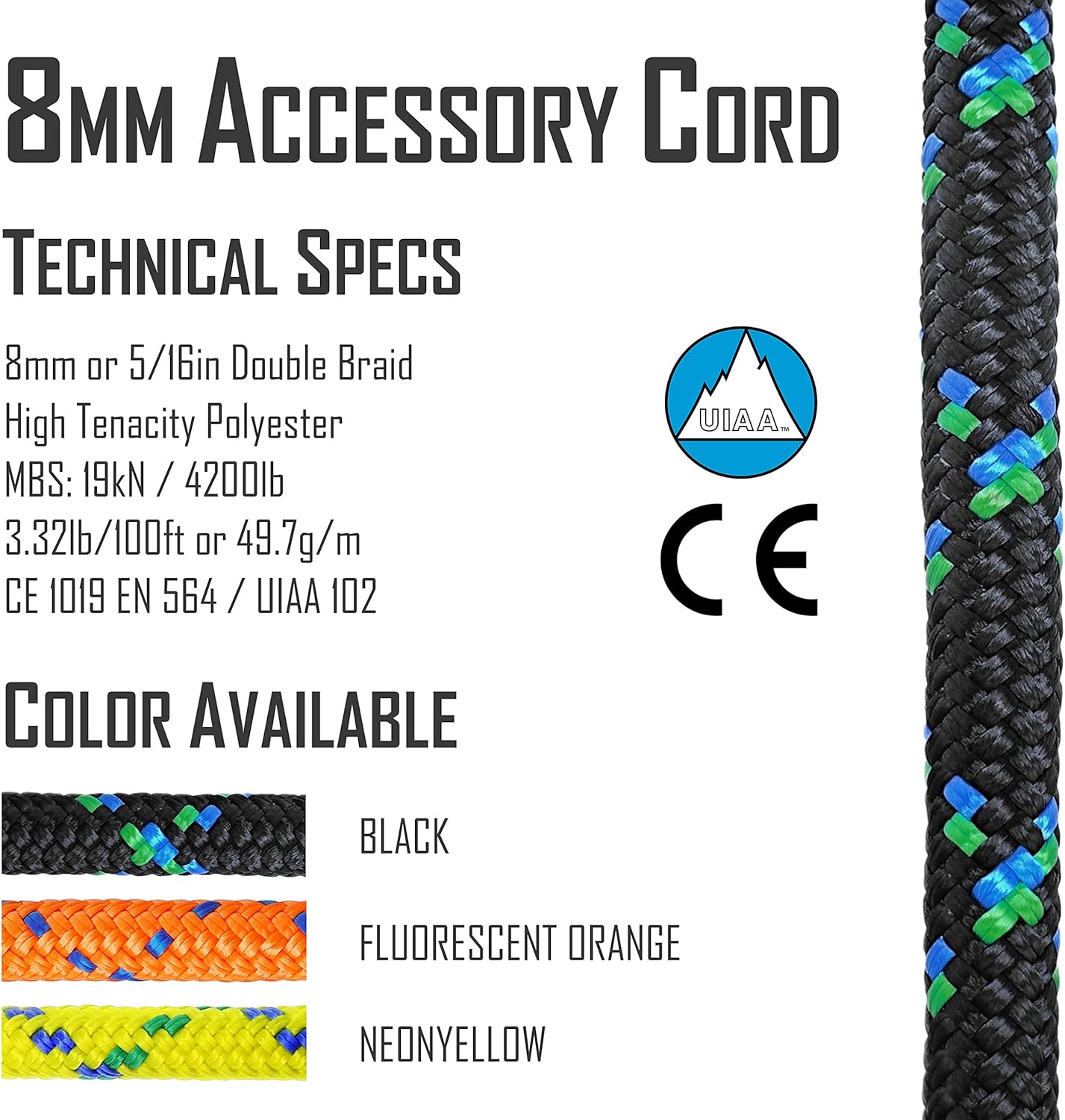 GM CLIMBING 8mm (5/16in) Accessory Cord Rope 19kN Double Braid Pre Cut CE/UIAA : Sports & Outdoors