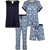 Lucky Brand Pajamas Set for Women 4-Piece Soft Sleepwear - Top, Tank, Shorts & Pants, Comfy Loungewear Pijama para Mujer, X-Large, Blue