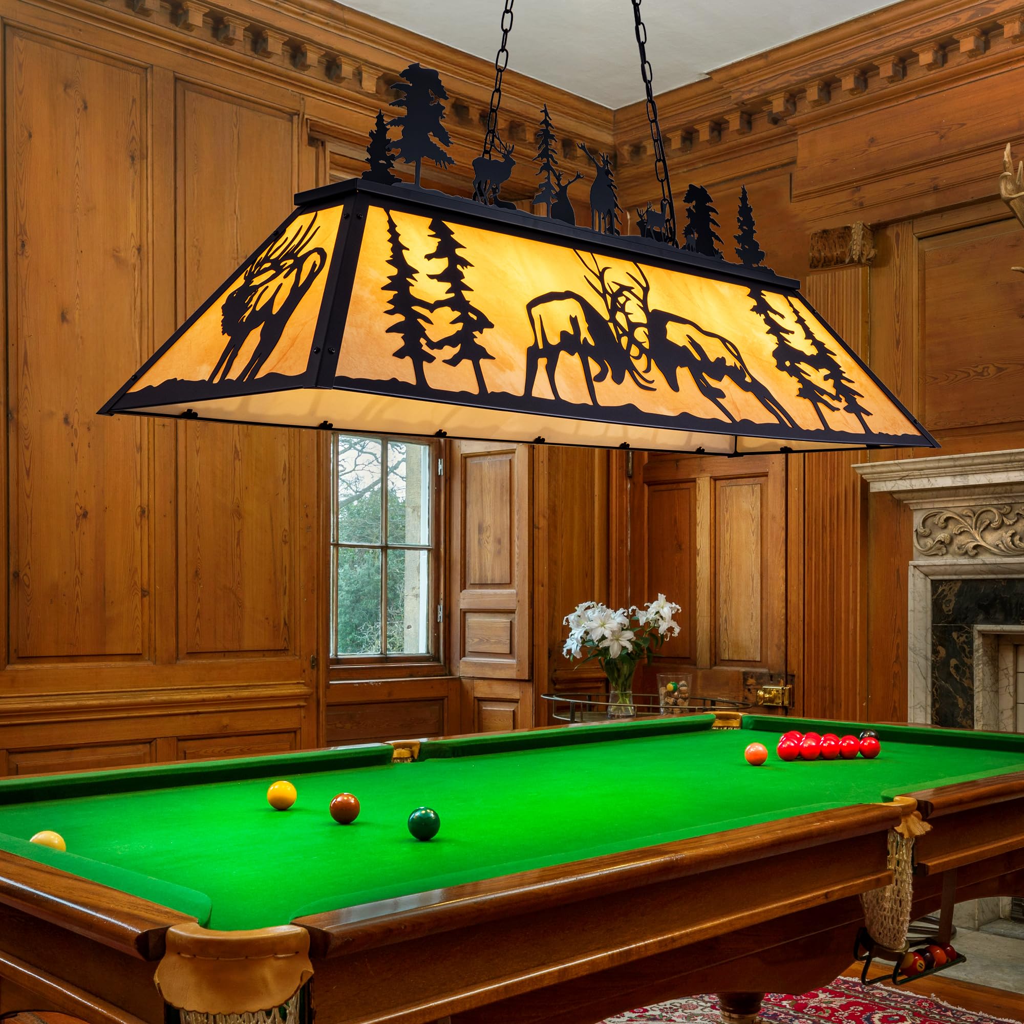 Photo 1 of Wellmet Tiffany Pool Table Light, 60 Inch Vintage Billiards Light Fixture for 7ft 8ft 9ft Pool Table, 4-Light Rustic Farmhouse Deer Elk Chandeliers for Dining Room, Snooker Table, Game Room, Cabin