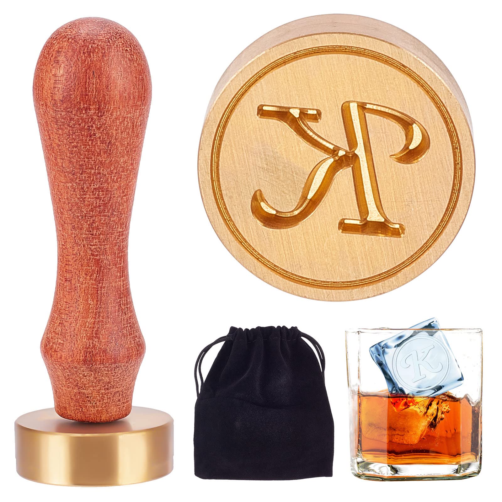 CRASPIRE Ice Cube Mould Initials K Stamp Drinking Making Tool Press Brass Head with Removable Wood Handle and Velvet Pouches for Whisky Cocktail Drinks