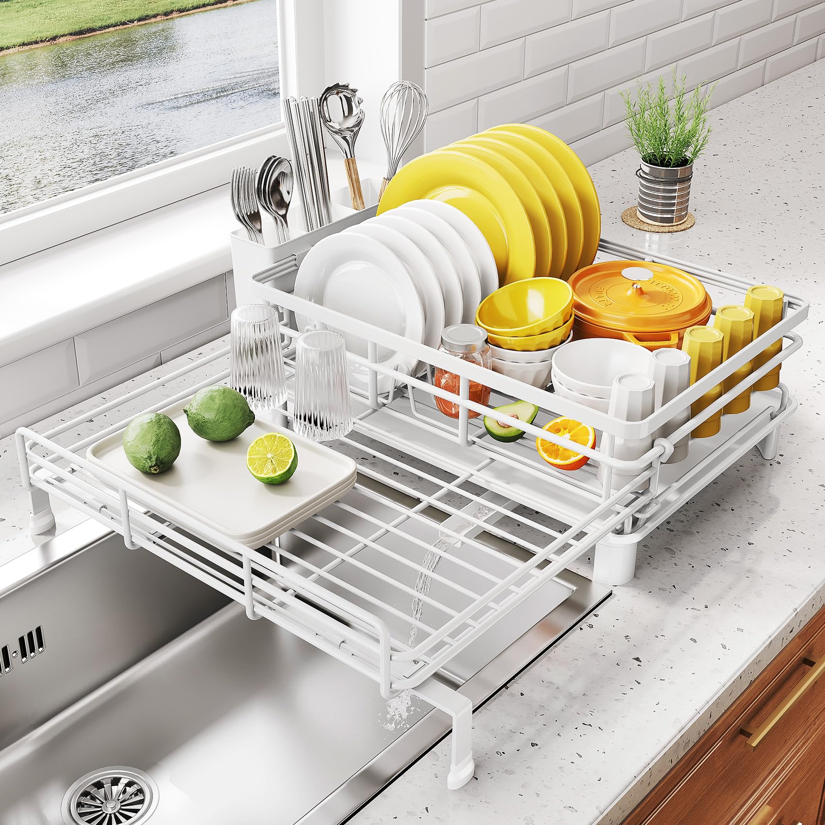 Photo 1 of SNTD Dish Drying Rack - Extendable Dish Rack, Large Sink Drying Dish Drainer for Kitchen Counter, Stainless Steel Dish Strainer with Utensil Holder (White)