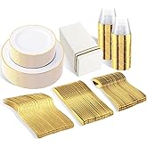 SUT 350 PCS Elegant White and Gold Disposable Dinnerware Set - Premium Dinner & Salad Plates, Cups, Napkins & Cutlery for 50 Guests - All-Inclusive Party Plastic Plates