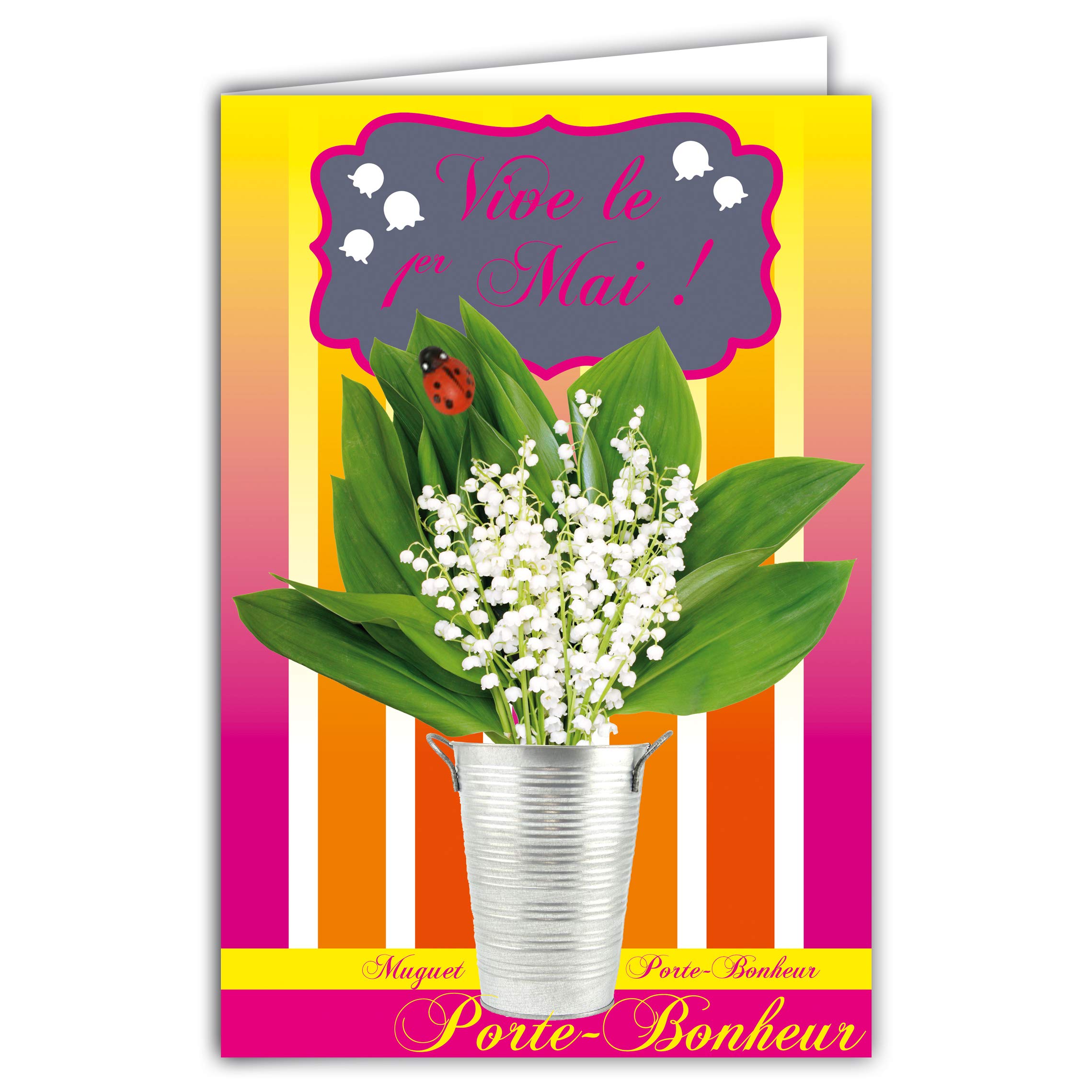 Afie 68-1046-A Lucky Card with Envelope Yellow Lily of The Valley Lucky Charm with Wooden Ladybird Hand-Painted 1st May in Glossy Fuchsia Pink 13 White Bells Bouquet Flowers Party Spring