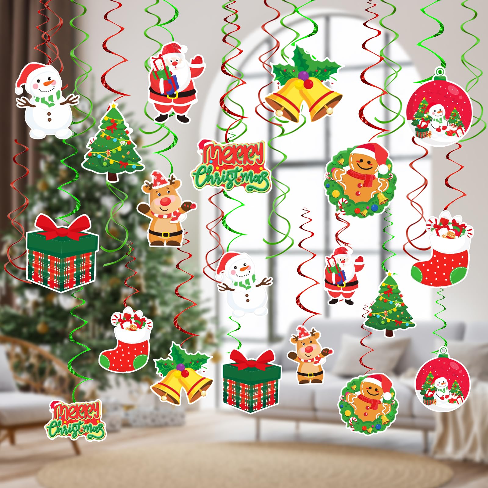 HeiPen 30 PCS Christmas Hanging Foil Swirl Decorations Set, Christmas Ceiling Decorations for Indoor Outdoor Xmas Holiday Party Decoration Supplies