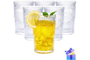 Vintage Glassware Romantic Drinking Glasses - 12 oz Cocktail Glasses Set of 6 Embossed Water Glasses Drinking Perfect Glass C