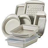 Rachael Ray Nonstick Bakeware Set without Grips includes Nonstick Bread Pan, Baking Pans, Cake Pans, Cookie Sheet / Baking Sheet - 10 Piece, Silver