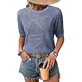 Dokotoo Womens Summer Short Sleeve Crochet Tops Hollow Out Floral Beach Vacation Clothes Cruise Outfits