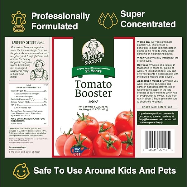 FARMER’S SECRET TOMATO BOOSTER FERTILIZER (8OZ) – SUPER CONCENTRATED – 3:8:7 RATIO FORTIFIED WITH HUMIC ACID, IRON AND CALCIUM – GROW MORE TOMATOES