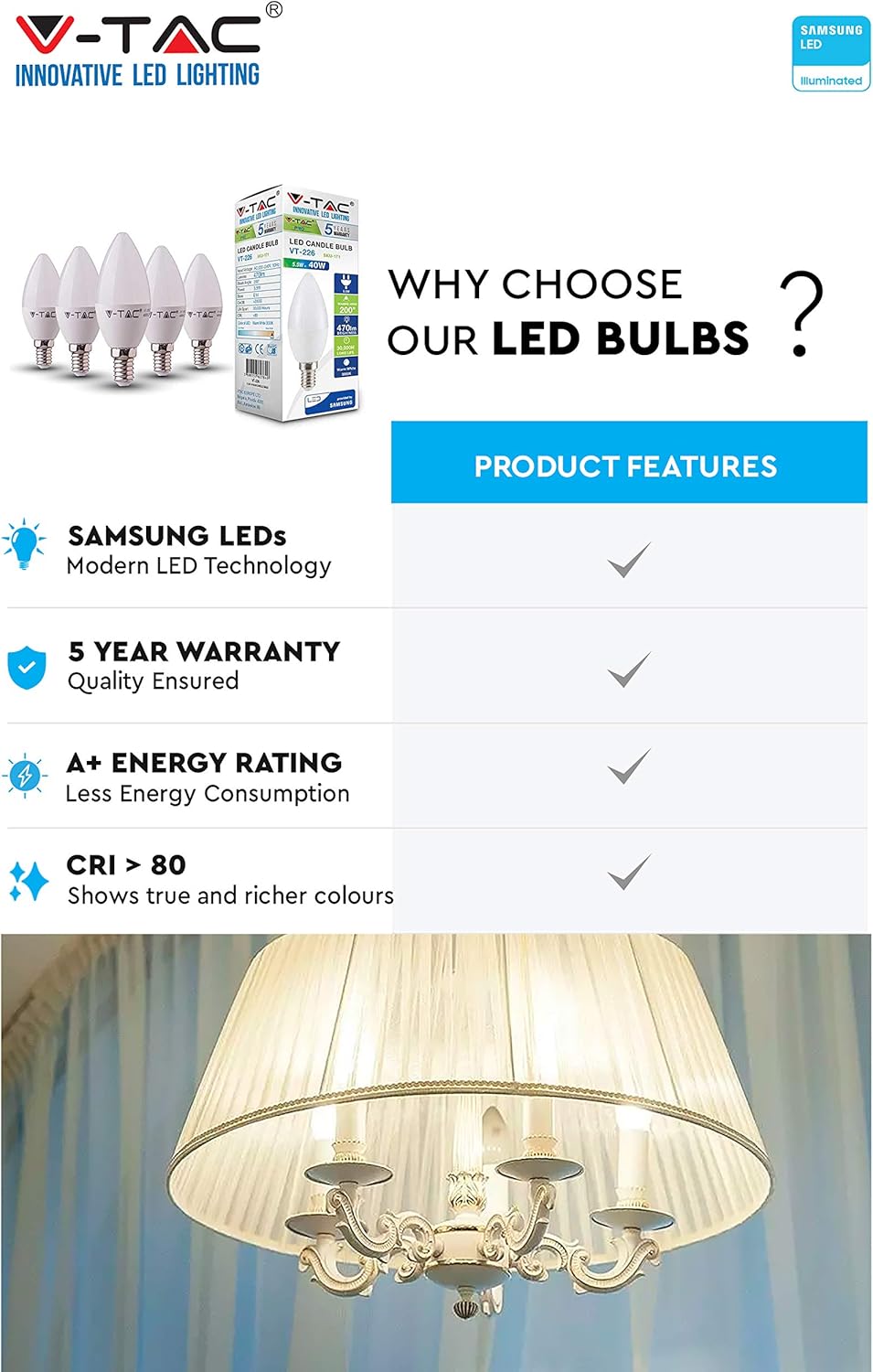 V-TAC E14 LED Candle Bulbs, Daylight, 5 Count (Pack of 1) - Image 3