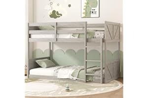 LUKEEHOM Bunk Bed Twin Over Twin, Wood Low Profile Floor Twin Bunk Beds with Headboard Ladder Guardrails for Kids Boys and Girls, No Box Spring Needed