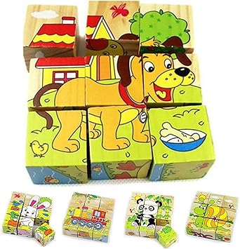 Simple Days 6 in 1 Wooden Cube Puzzle 9 Pcs Colorful Animal Theme Jigsaw Puzzle Toy for Kids