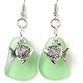 Gold Fish Sea Glass Earrings - Beach Jewelry - Sea Foam Green Dangle Earrings - Gifts for Women