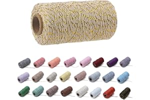 EQARP 1 Roll 2mm 109 Yard Colourful Cotton Cord Bakers Twine DIY Crafts Gift Wrapping Christmas Wedding Home Decor String Rope (Gold Wire+Beige)
