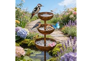 Rain Catcher - Plant Support, Metal Rain Catcher Garden Stake, Garden Ornament Outdoor with 3-Tiered Water Bowls, Bird Bath &