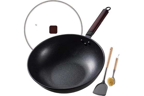 Teewe Carbon Steel Wok -12.9 Inch Woks & Stir-Fry Pans Nonstick, Wok Pan with Glass Lid Spatula and Dish Brush: Pre-Seasoned
