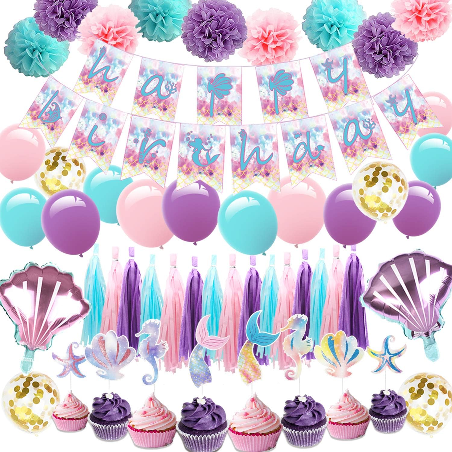 Mermaid Party Supplies - 57 Mermaid Birthday Party Decorations Pack, Including a Glittered Banner, 9 Pom Poms,16 Latex and 4 Confetti Balloons, 2 Foil Balloons, a Tissue Garland, 16 Cupcake Toppers