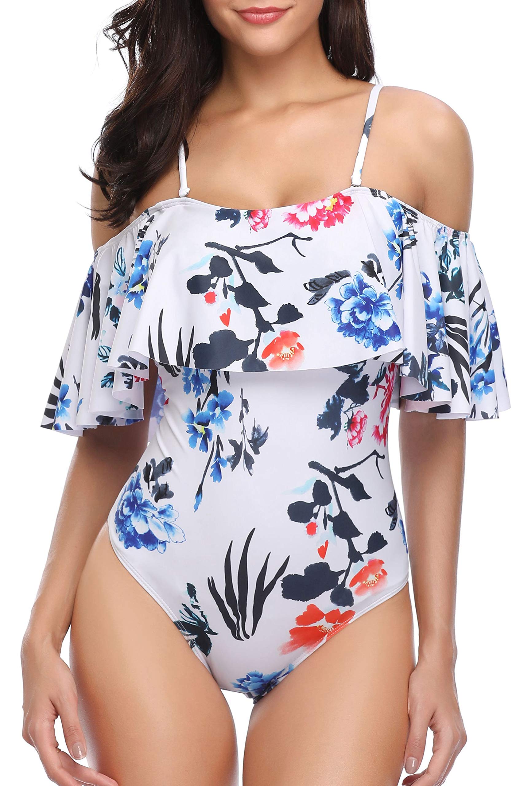 Women Ruffle Off Shoulder One Piece Swimsuit Swimwear Retro Vintage Bathing Suit Floral Print M
