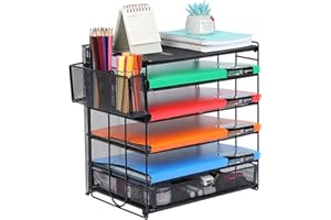 Samstar Desk File Organizer,5 Tier Letter Tray Paper Organizer File Sorter Rack with Sliding Drawer and Extra Pen Holder,Black