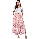 Sinono Women Elastic High Waist A Line Floral Print Swing Chiffon Beach Midi Long Skirt with Pockets