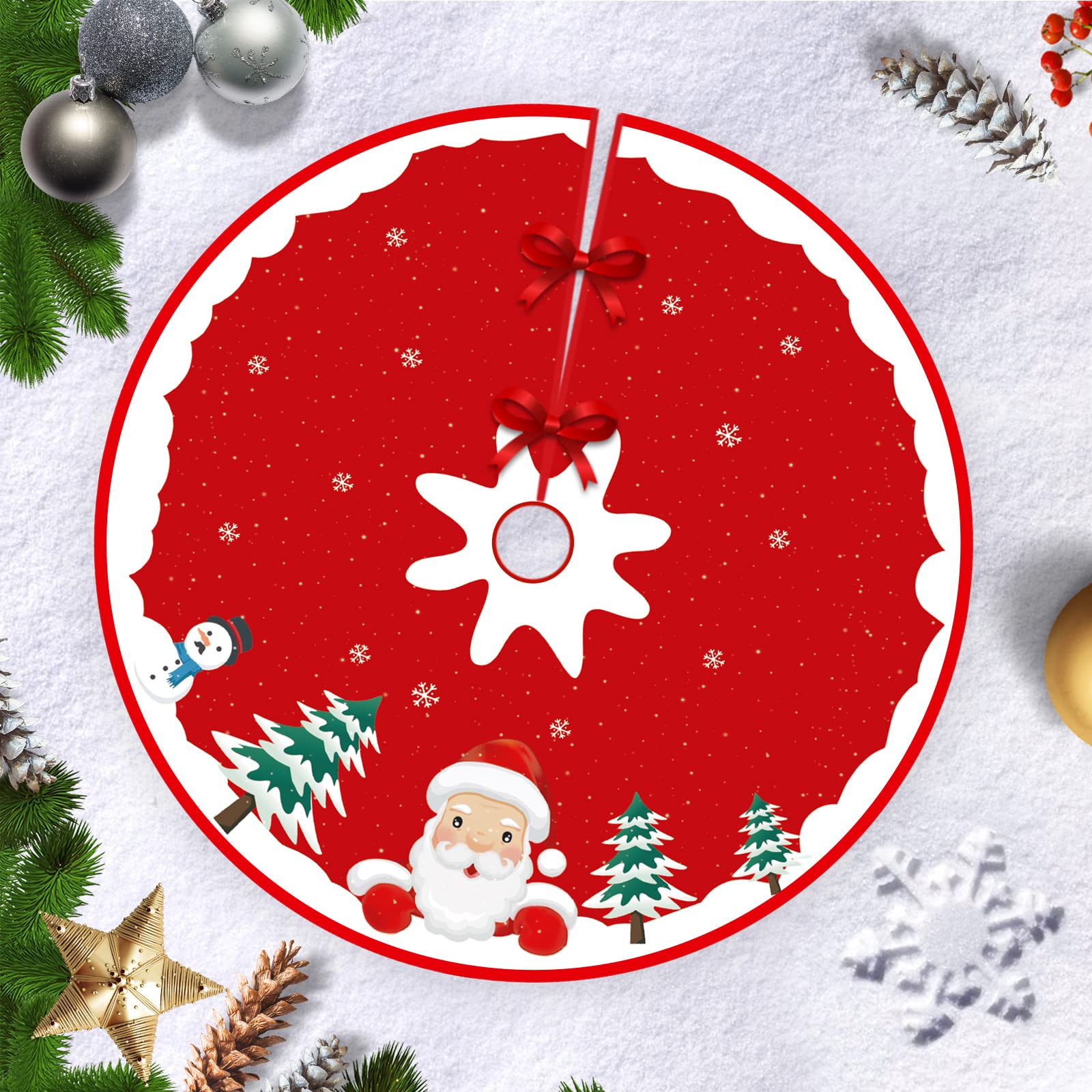 Hianjoo Christmas Tree Skirt, Xmas Tree Base Cover Mat with Snowflakes and Leaves for Holiday Ornament for Xmas Party Christmas Decorations (Santa Style, 48 inch/120cm)