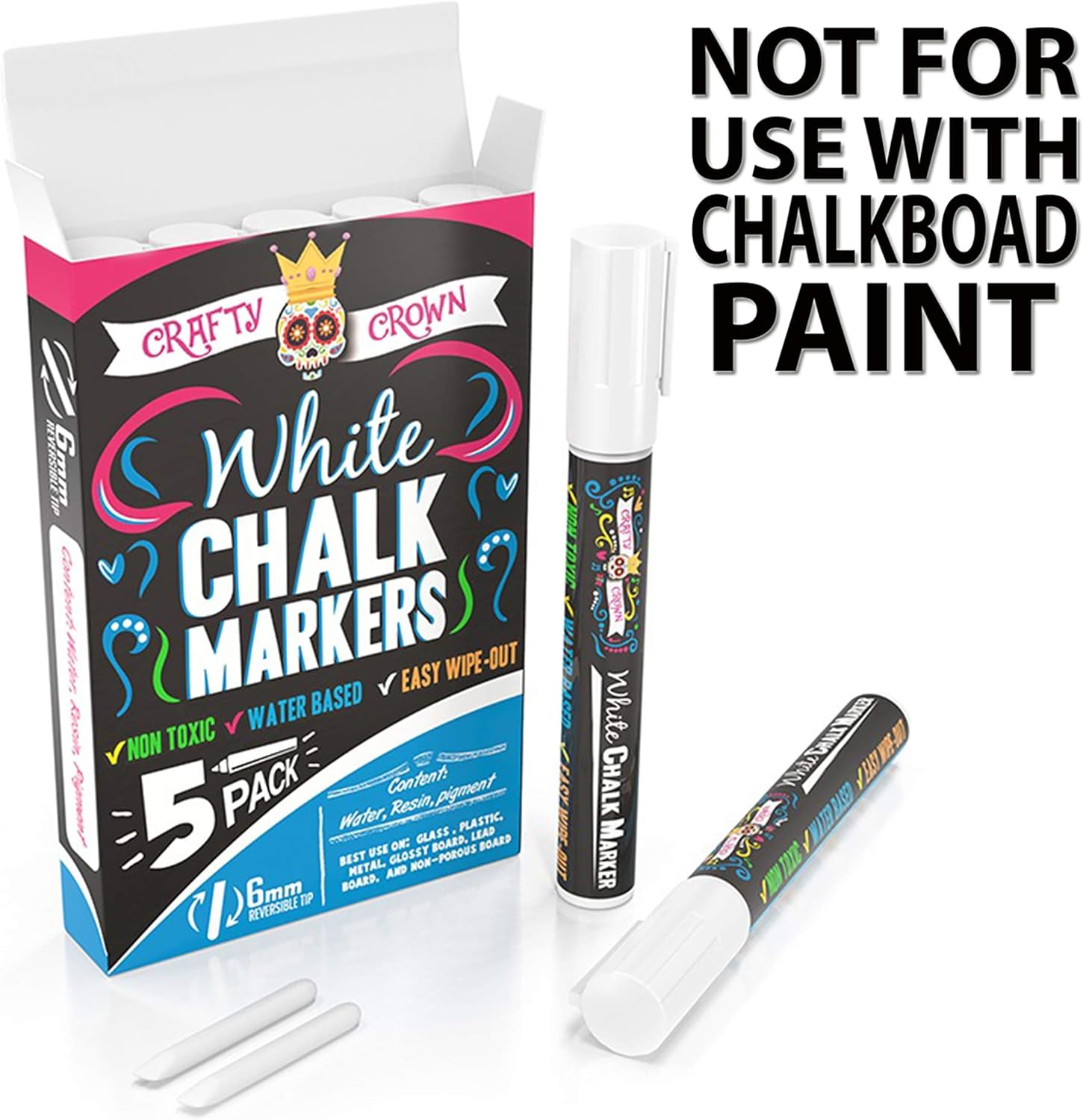 Liquid Chalk Marker Pen - White Dry Erase Marker - Chalk Markers for Chalkboard Signs, Windows, Blackboard, Glass - 6mm Reversible Tip (5 Pack) - 24 Chalkboard Labels Included : Office Products