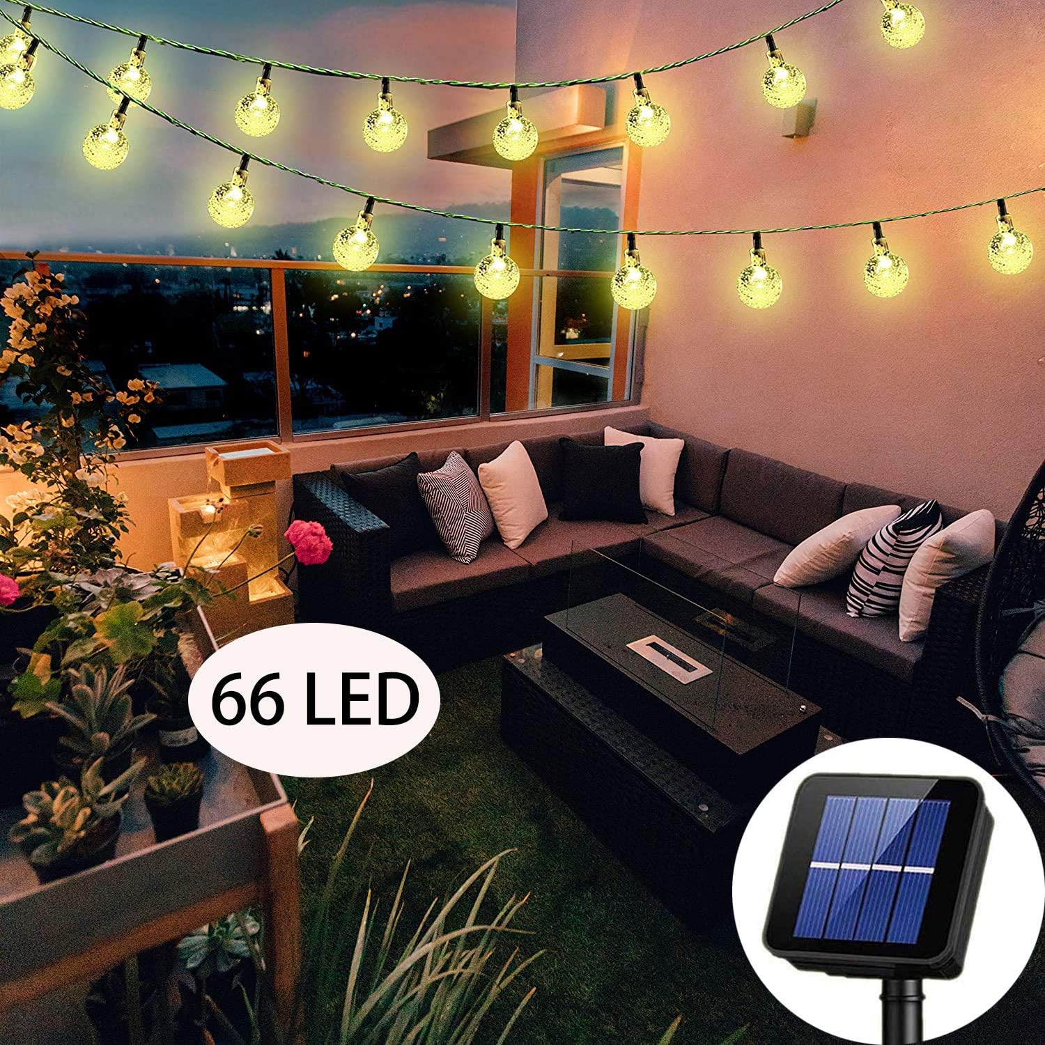 Solar String Lights Globe 38 Feet 66 Crystal Balls Waterproof LED Fairy Lights 8 Modes Outdoor Starry Lights Solar Powered String Light for Garden Yard Home Party Wedding Decoration(White) - - 