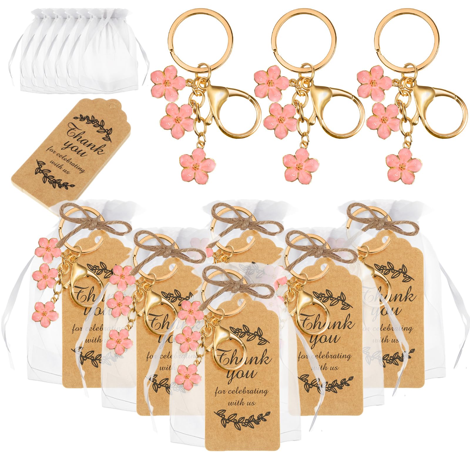 Photo 1 of Ecation 20 Set Pink Flower Keychain Party Favor Set Daisy Keyring Flower Keychain Kraft Tag Organza Bag for Guest Wedding Party Bridal Shower Gift