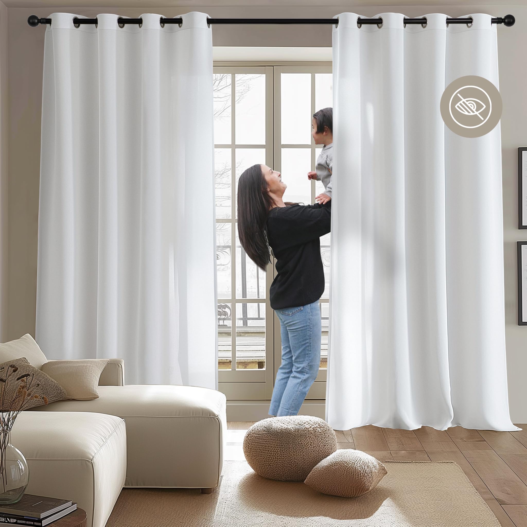 LYBHZDQ White Privacy Sheer Curtains Semi with Light Filtering, Non See Through Grommet Semi Curtain Drapes for Bedroom Living Room 2 Panels, Thermal Insulated W52 X L44 (Snow White, 132 x 112cm)