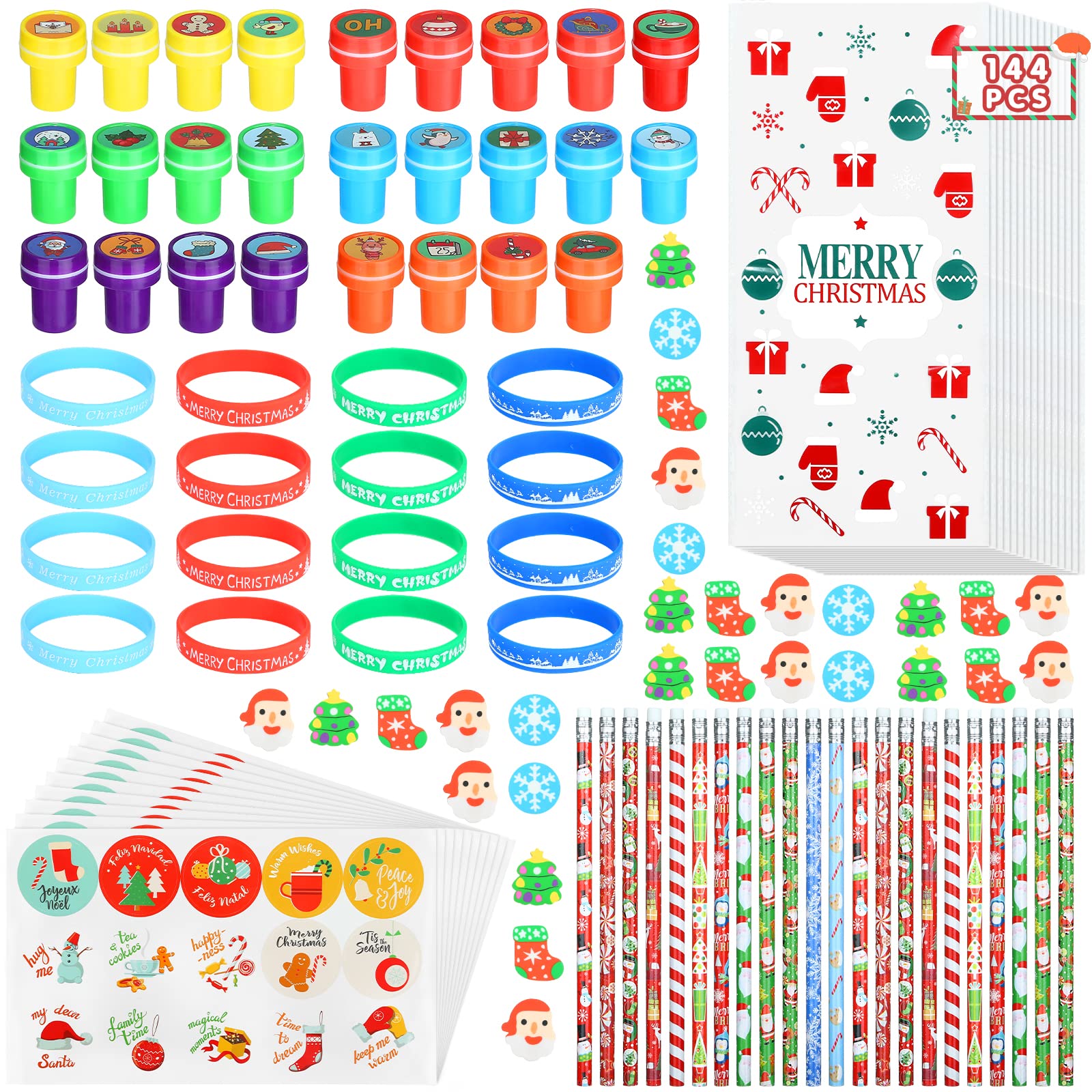 Kesote Stocking Fillers for Teenage Girls Boys 144 Pcs Christmas Eve Box Fillers Christmas Party Bag Filler for Kids Xmas Ink Stamps