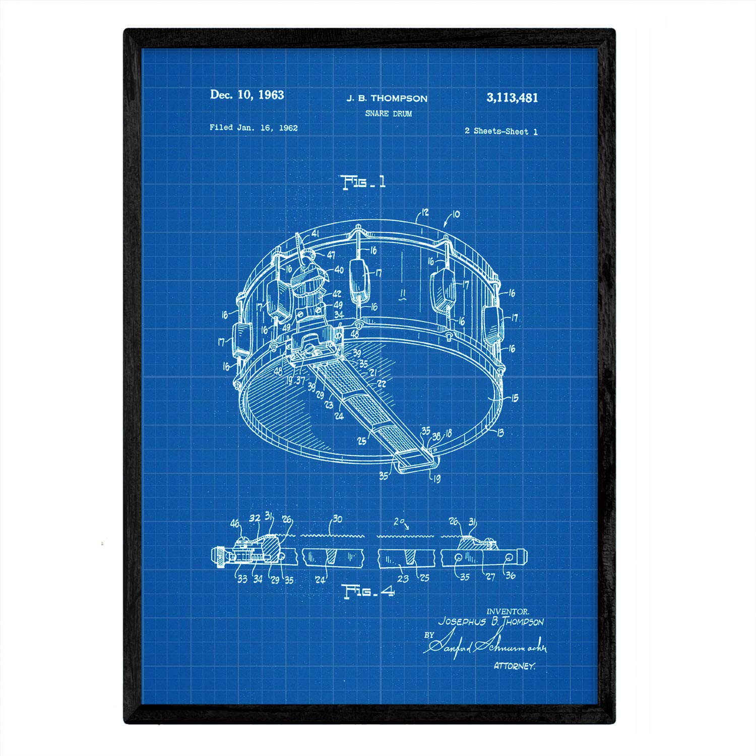 Nacnic Poster Drum patent. Sheet with old design patent A3 size with blue background